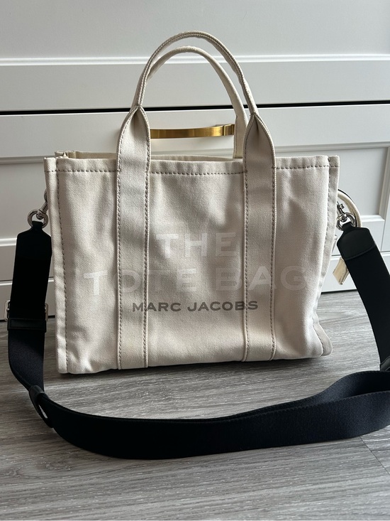 Marc Jacobs Handbags - Marc Jacobs Cream/White Canvas The Tote Bag With Black Strap